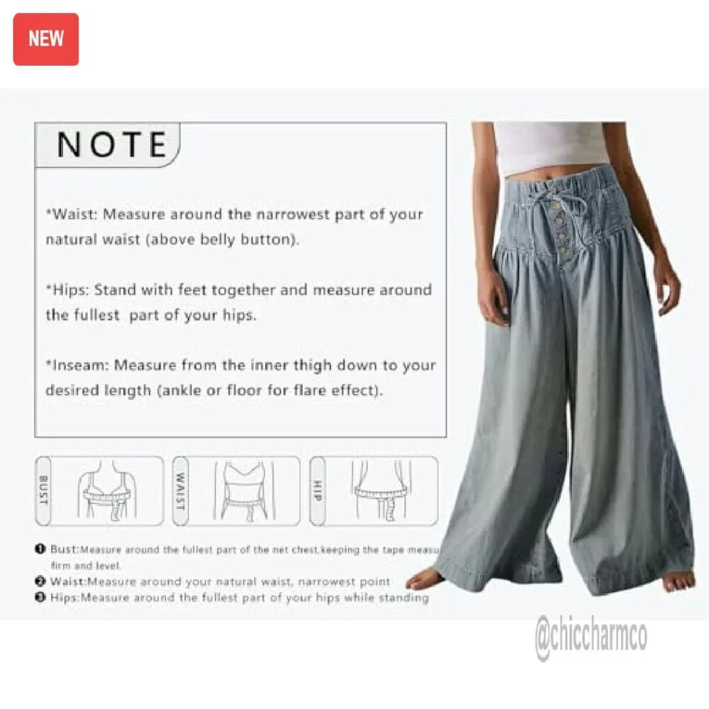 Women's Baggy Wide Leg Denim Pants Drawstring Midi Waisted Flare Jeans - Picture 7 of 8